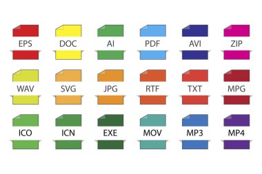 Dosya biçimlendirme simgeleri. Dosya düğmelerinden oluşan düz vektör seti. Çeşitli dosyalar kaydediliyor. Hisse senedi. EPS 10