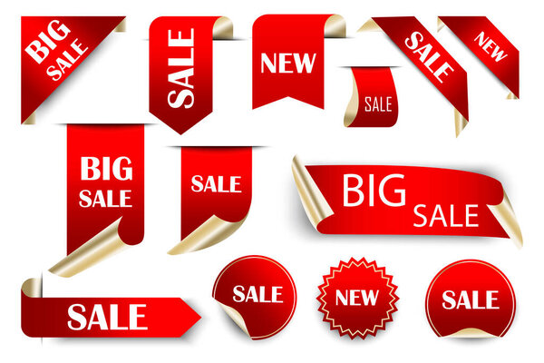 Большая распродажа красных этикеток. Векторный набор тегов для продвижения по службе. Знаки эксклюзивных скидок. Изображение.