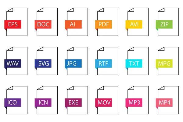 Document files icons set. Vector images of computer file extensions. Data folders. Stock image.