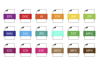 Dosya belgelerinin vektör simgeleri. Belge uzantılarının düz çizimleri. Resim yükle.