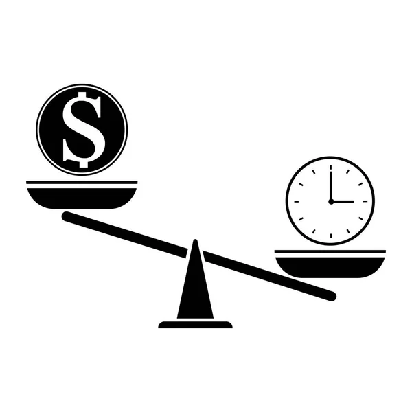 Ícone vetorial de equilíbrio de dinheiro e tempo em escalas. Ilustração de comparar vida e finanças. Imagem de stock. — Vetor de Stock