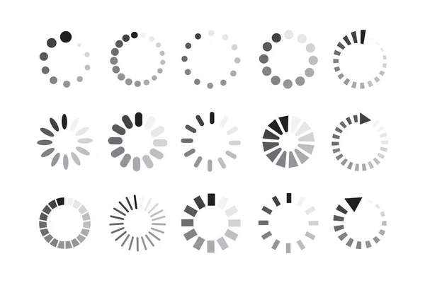 Ensemble d'icônes de chargement vectoriel. Cercle de progression du chargeur. Boutons tampons ronds. Illustration du processus d'attente. Image de stock. — Image vectorielle