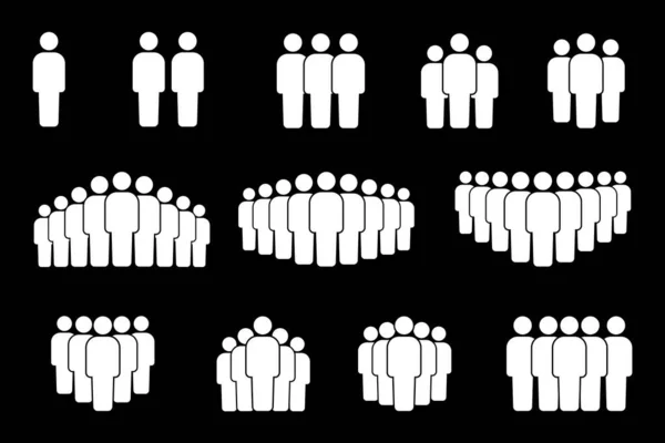Iconos vectoriales de personas blancas sobre un fondo negro. Silueta de un grupo de personas. Imagen de stock. — Vector de stock
