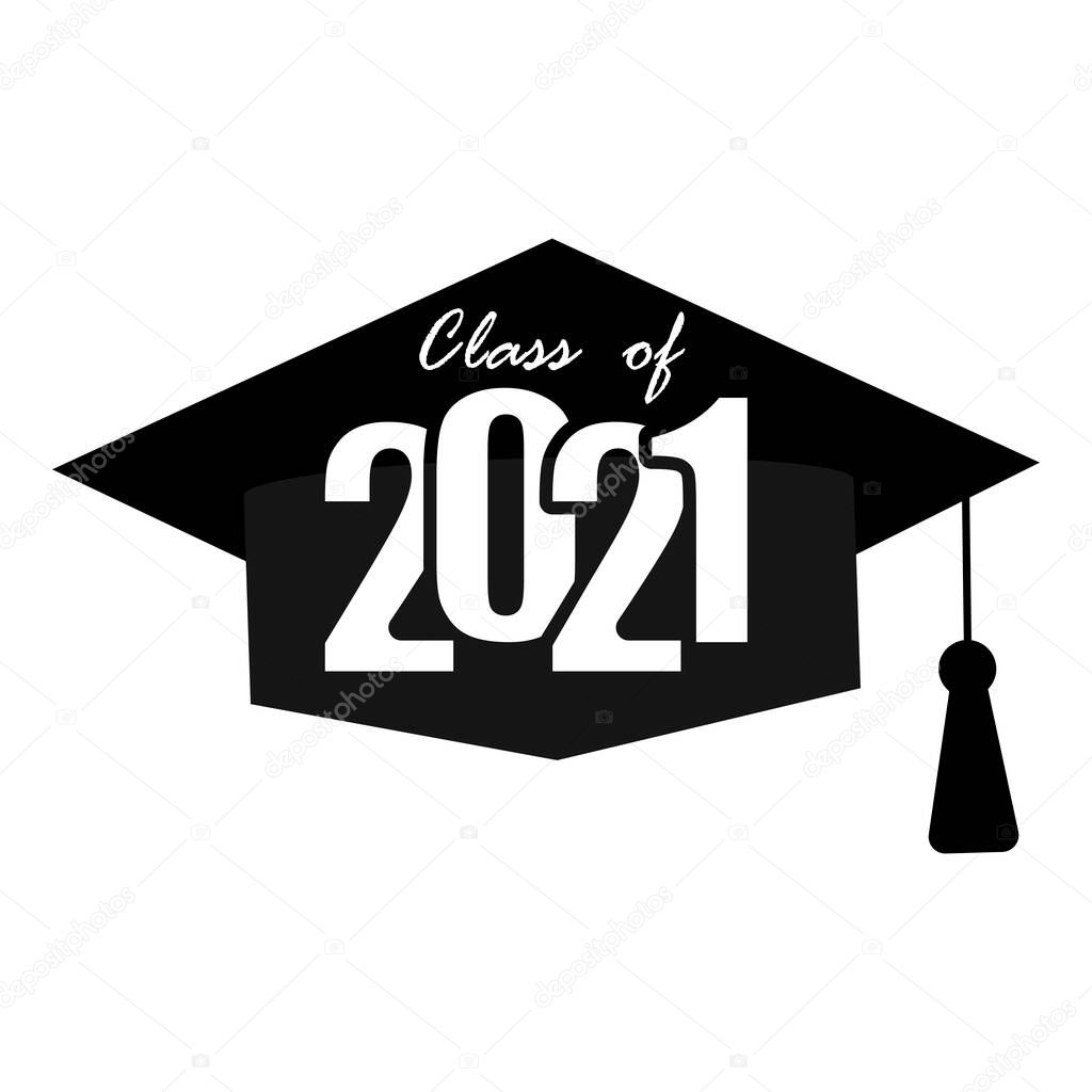Icon with black 2021 graduate cap for celebration design. Certificate icon design vector illustration.Stock image. EPS10.