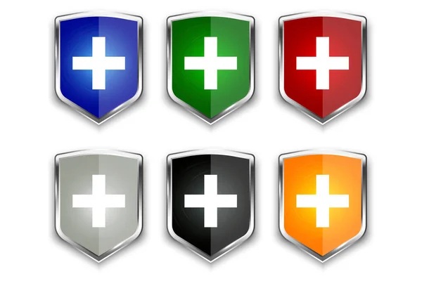 Escudos Color Cruz Médica Protección Del Escudo Asesoramiento Médico Señal — Vector de stock