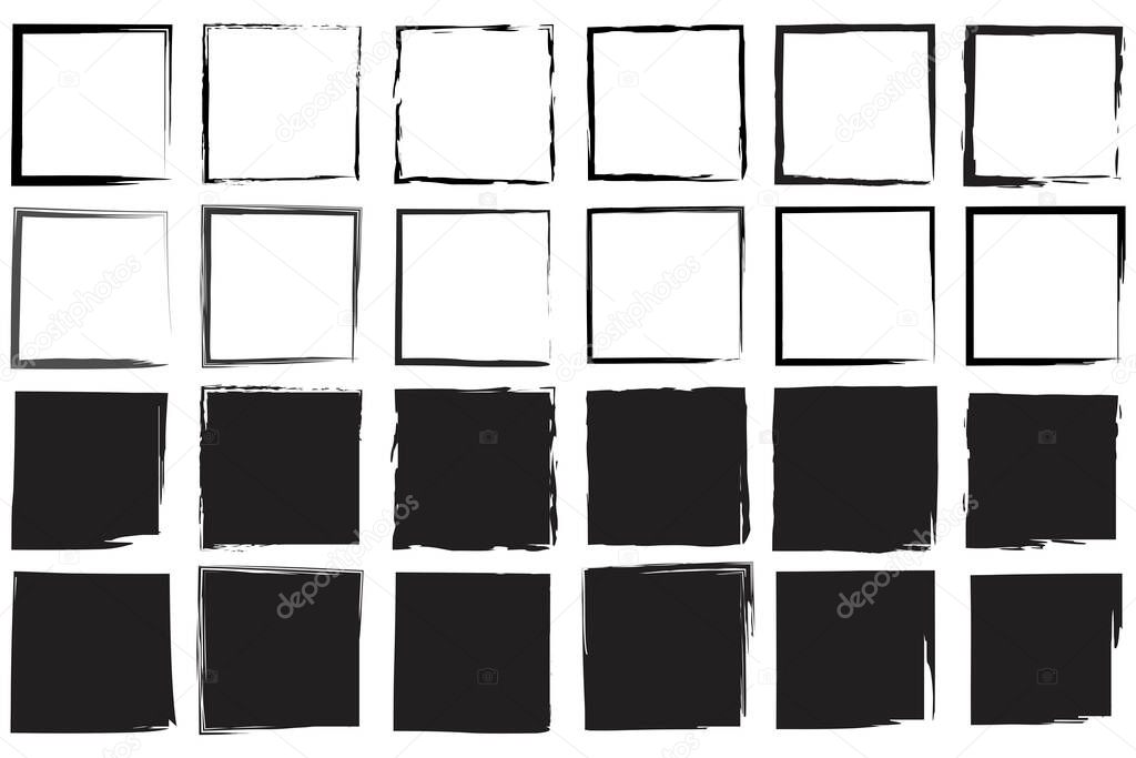 Black squares by hand. Hand drawn brush stroke collection. Black frame. Art black ink abstract brush stroke paint background. Stock image. EPS 10.