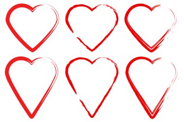 Çizgi film, kağıt tasarımı için kırmızı kalpleri ayarladı. El çizimi arka plan. Kalp çizimi. Vektör resmi.