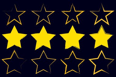 Dekoratif tasarım için el çizimi sarı yıldızlar. Vektör fırça darbesi. Suluboya doku elementleri. Hisse senedi. EPS 10.