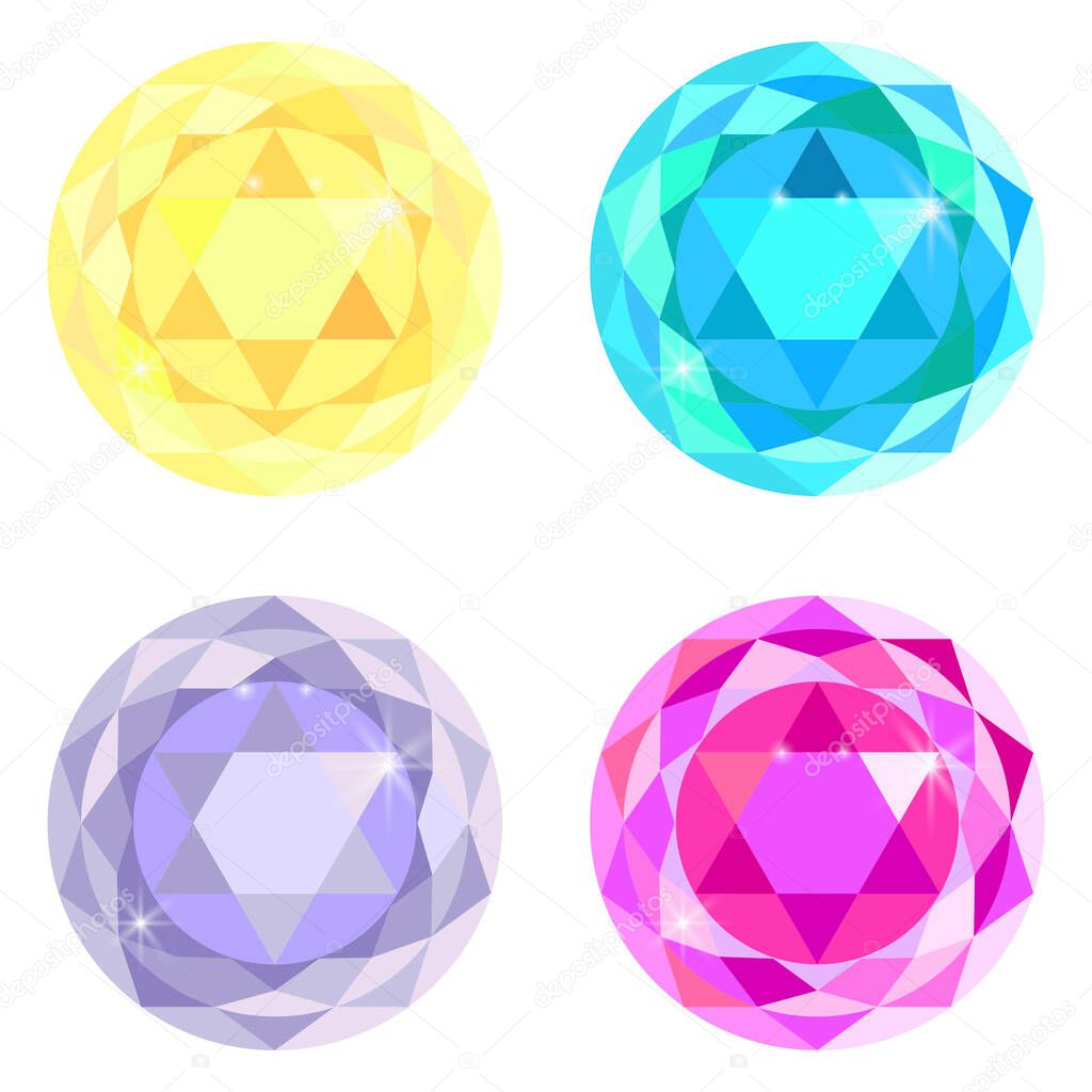 Set of four gems. Jewelry buttons. Round multi-colored crystals. Sapphire ruby diamond vector. Stock image. EPS 10.