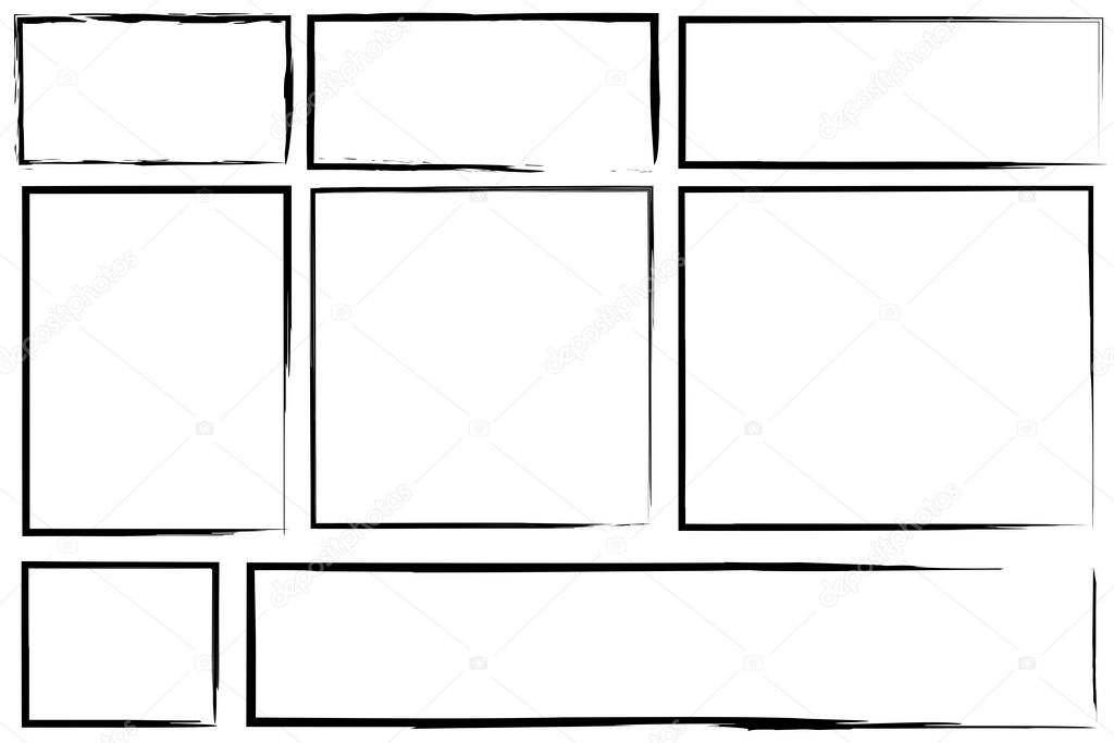 Outlines of rectangles in abstract style. Black outline. Brush stroke vector illustration. Freehand design. Stock image. EPS 10.