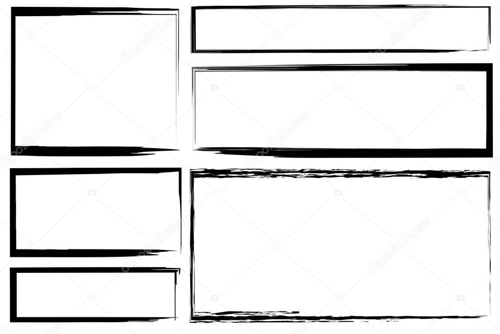 Black brush border rectangles in vintage style on white background. Ink brush stroke. Stock image. EPS10.