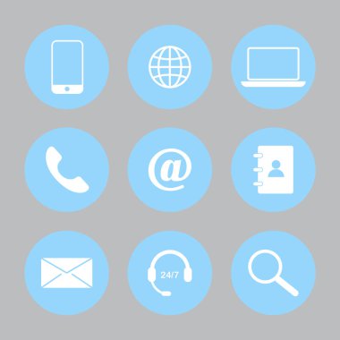 İletişim simgeleri mavi düz bir şekilde. Sosyal medya vektörü. Mobil internet, sosyal medya. Hisse senedi. EPS 10.