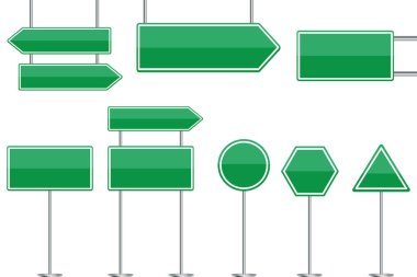 Yeşil, boş yol işaretleri. Reklam yeri. Şehir illüstrasyonu. Reklam panosu tasarımı. Hisse senedi. EPS 10.