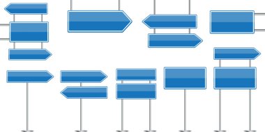 Mavi yol işaretleri. Sokak tabelaları. Boş yol afişleri. Hisse senedi. EPS 10.