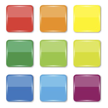 Renkli kare düğmeler. Teal arka planı. Kare gibi parlak anahtarlar. Boş parlak renkli düğmeler. Resim yükle.
