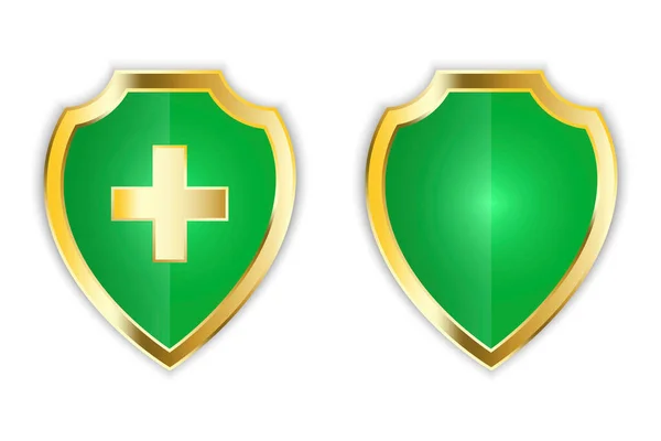 Escudo verde com cruz e branco. Símbolo de protecção. Ilustração do vetor do ícone da marca de verificação do escudo. Imagem de stock. —  Vetores de Stock