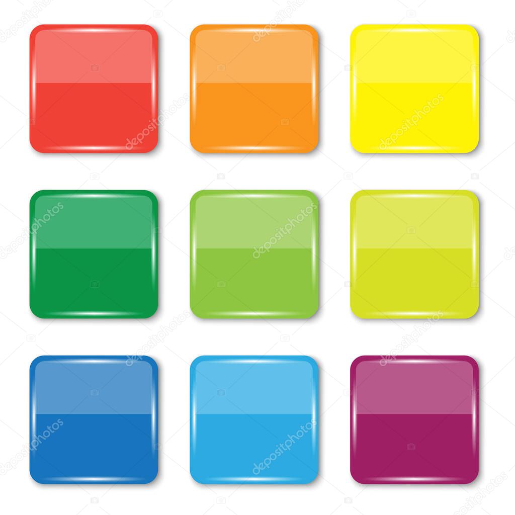 Colored square buttons. Teal background. Square glossy keys. Blank shiny colored buttons. Stock image.