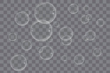 Boş arka planda hava kabarcıkları. Şeffaf arka planda hava kabarcıkları olan gerçekçi bir illüstrasyon. Resim yükle.