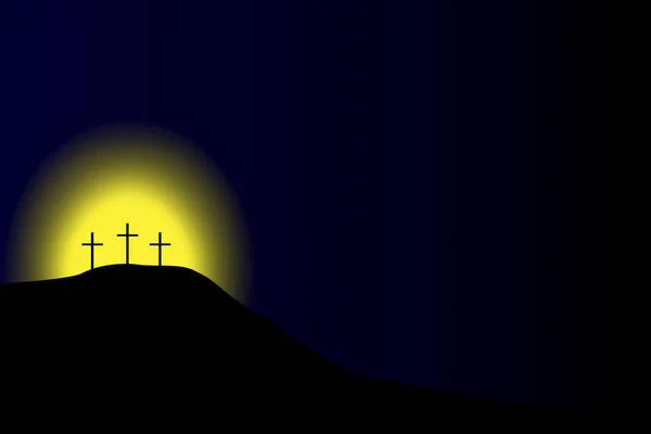 Calvaire pour la conception des soins. Calvaire brillant. Trois croix sur la montagne. Jaune lueur dans le noir. Image de stock. — Image vectorielle