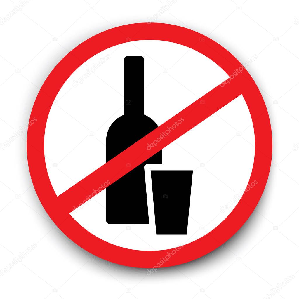 Alcohol ban. A bottle with a glass crossed out. Prohibition to drink alcohol. Stock image.