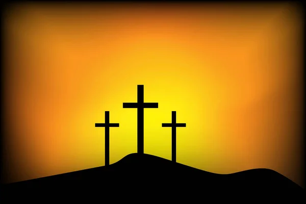 Banner Calvary Three Crosses Picture Easter Crucifixion Background Sunset Stock — Stock Vector