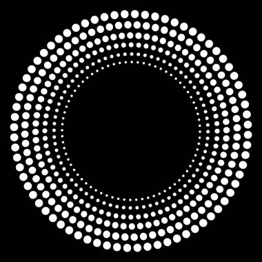 Beyaz noktalar çemberi. Yuvarlak şekilli. Soyut çember geometrik şekil. Karanlık arka plan. Beyaz tatil dokusu. Hisse senedi. EPS 10.
