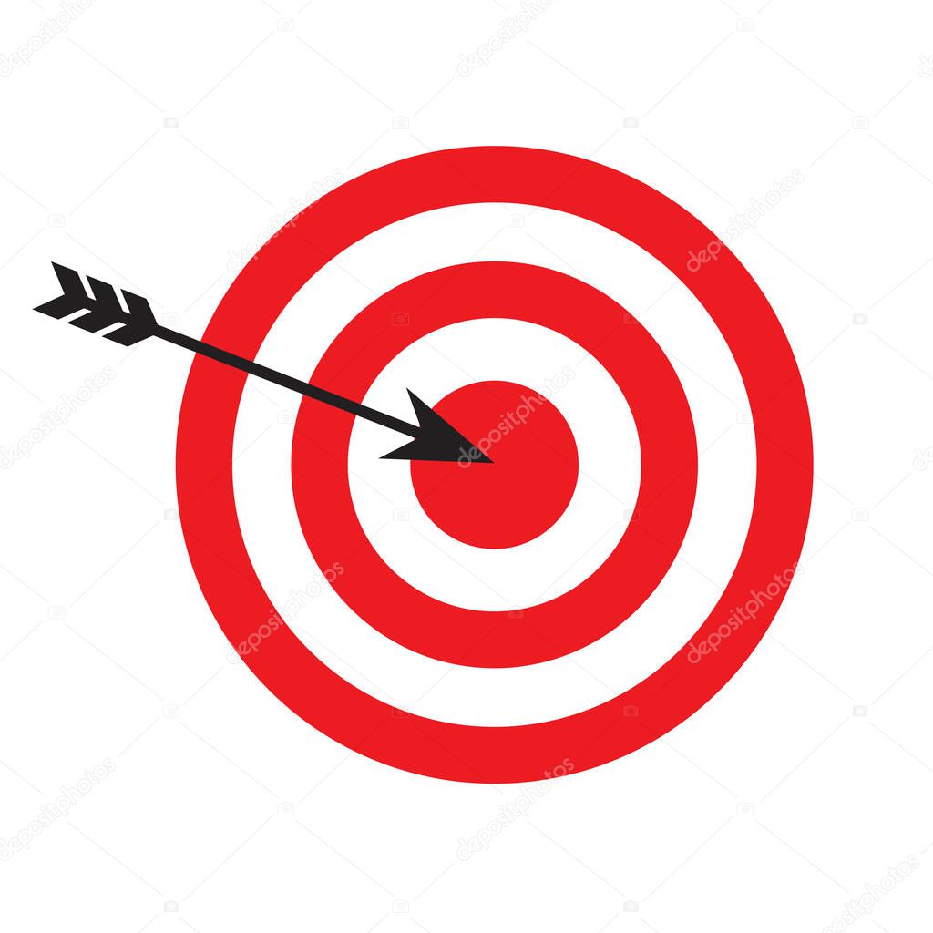 Red  target arrow center on white background. Business icon. Isolated vector illustration. Arrow icon. Stock image. EPS 10.