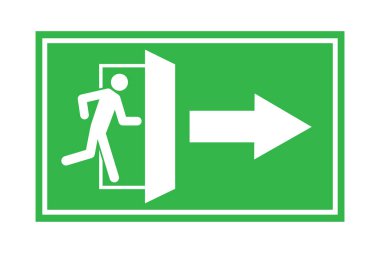 Acil çıkış sağda. Bilgi simgesi vektörü. Ateş işareti. Koruma sembolü. Hisse senedi. EPS 10.