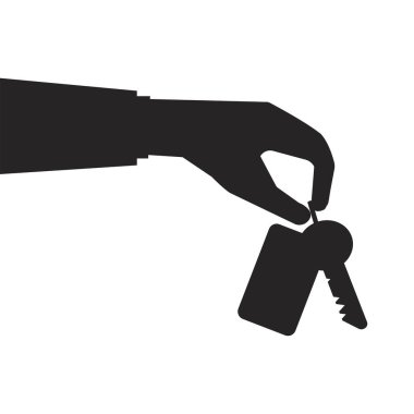 Anahtarla siluet el. Tutma, kiralama, satın alma. Anahtarı ver. Silüet vektör çizimi. Hisse senedi. EPS 10.