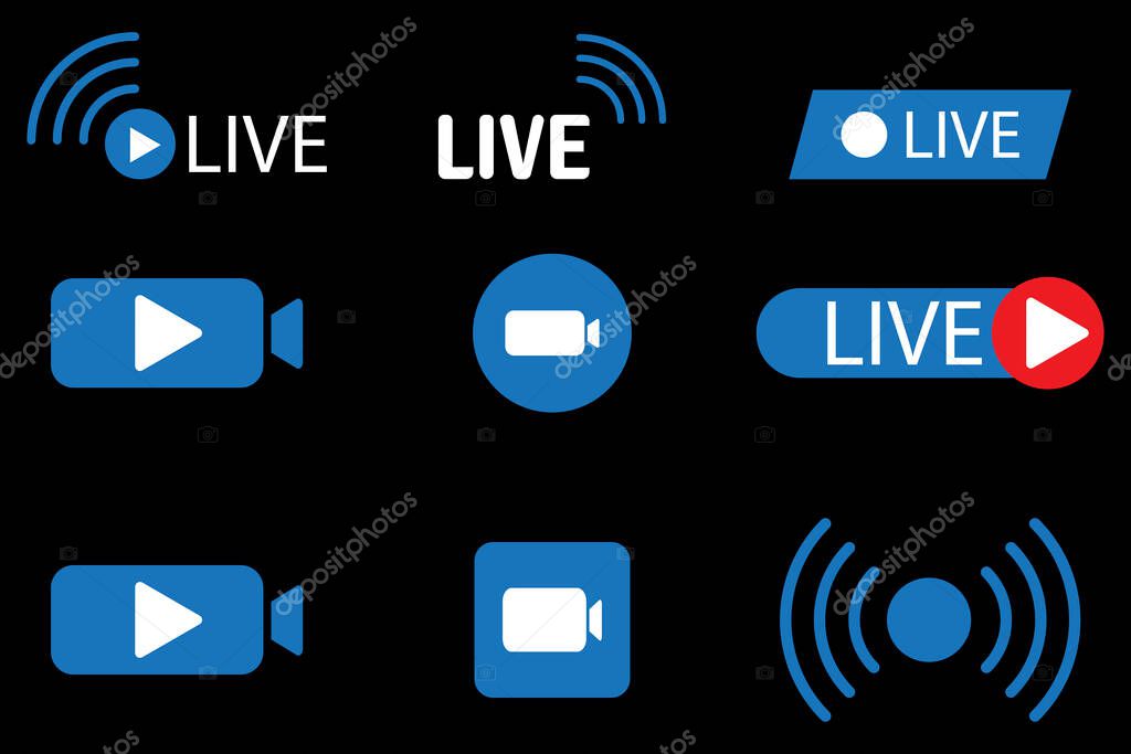 Video streaming design template. Online stream sign. Live button. Flat template on black backdrop. Stock image. EPS 10.