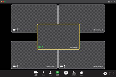 Dijital kullanıcı arayüzü. Zoom konferanslı modern şablon. Çevrimiçi video. Webinar muhabbeti. Hisse senedi. EPS 10.