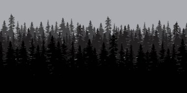 Karanlık orman silueti. Doğa çizimi. Siluet vektörü. Gece gökyüzü pürüzsüz desen. Hisse senedi. EPS 10.