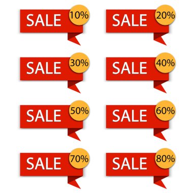 Satış rozetleri. İndirim kuponu ikonu seti. İndirimli satış vektörü. Teklif etiketi al. Hisse senedi. EPS 10.