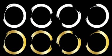 Ok simgesi koleksiyonu. Vektör grafik. Siyah arka planda minimalist tarzda altın daireler şeklinde oklar. Hisse senedi. EPS 10.