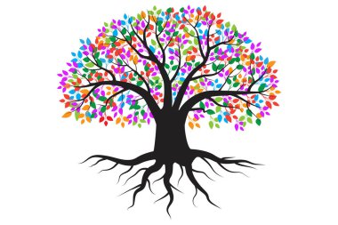 Renkli çiçek açan ağaç. Çizgi film vektör çizimi. Doğa arka plan vektörü. Hisse senedi. EPS 10.