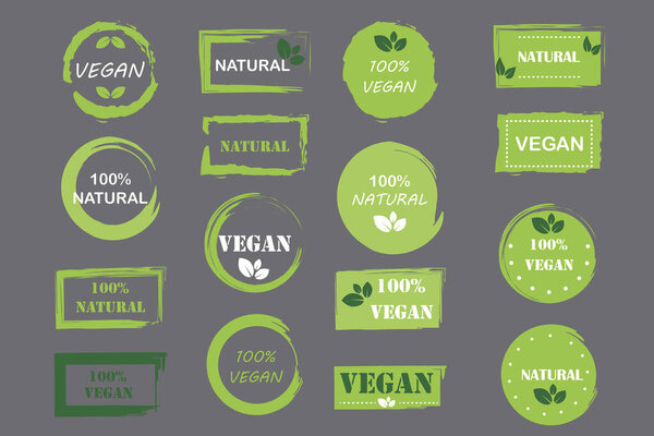 ретро-набор с зеленым логотипом веганской био-еды. векторная природа графического фона. фондовый имидж. eps 10.