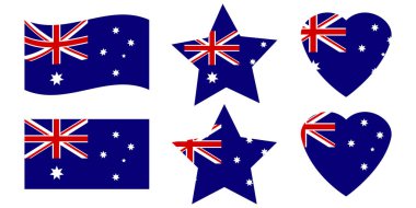 Beyaz arka planda Avustralya bayrağı figürleri. Şenlik dekorasyonu. Mutlu beyaz gün afişleri. Stok vektör görüntüsü. EPS 10.