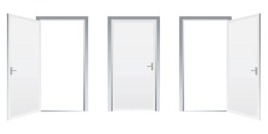 Beyaz kapılar. İş konsepti. Ofis mobilyası. Evine hoş geldin. Hisse senedi. Vektör çizimi. EPS 10.