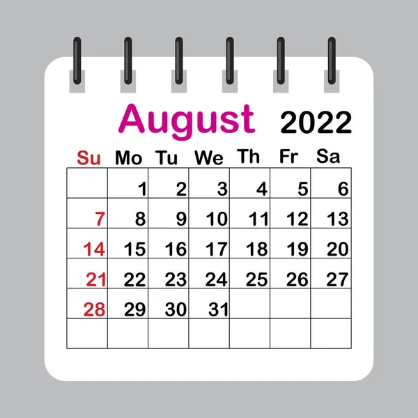2022年8月。編集可能なカレンダーページテンプレート。ウォールカレンダー。編集可能なカレンダーページテンプレート。ベクトルイラスト。EPS 10. — ストックベクタ