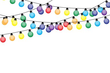 Dekorasyon tasarımı için renkli ampuller. Tatil dekorasyonu. Noel afişi. Vektör çizimi. Hisse senedi. EPS 10.