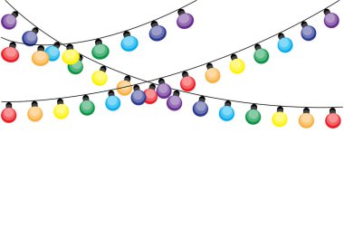 Tatil dekorasyonu. Dekorasyon tasarımı için renkli ampuller. Noel afişi. Vektör çizimi. Hisse senedi. EPS 10.