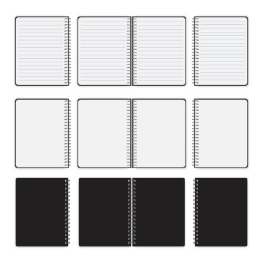 Kağıt tasarımı için kitap kapağı. Gerçekçi kitap kapağı. Defter maketi izole edildi. Kurallı not defterleri. Vektör çizimi. Hisse senedi. EPS 10.