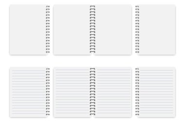 Gerçekçi kitap kapağı. Defter maketi izole edildi. Kağıt tasarımı için kitap kapağı. Kurallı not defterleri. Vektör çizimi. Hisse senedi. EPS 10.