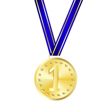 Mavi kurdeleye altın madalya. Şampiyonluk kupası. Spor ödülü. Kazanan ödül. Vektör çizimi. EPS 10. Resim yükle.