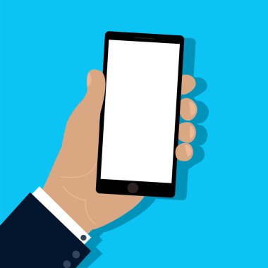 Cep telefonu elinde. Cep telefonu. Cep telefonu. Elle ekran akıllı telefon simgesine dokun. Hisse senedi. Vektör illüstrasyonu.