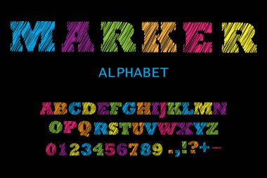 Retro gökkuşağı kırmızı alfabesi. Grunge dokusu. Tipografi tasarımı. Eski, dikişsiz desen. Vektör illüstrasyonu.