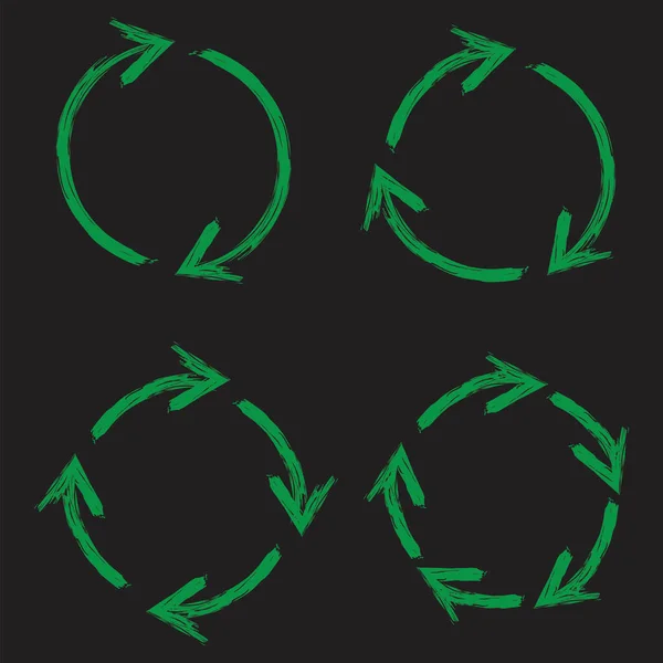 Círculos verdes flechas sobre fondo negro. Icono de reciclaje. Signo de flecha de rotación. Ilustración vectorial. Imagen de stock. — Vector de stock