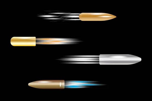 3d tiro no fundo preto poeira. Voando balas fundo preto em estilo realista. Ilustração vetorial. Imagem de stock. — Vetor de Stock