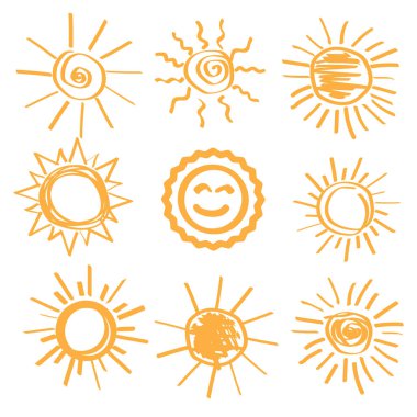 Elle çizilmiş güneş batımı. Seyahat vektör simgesi. Yaz illüstrasyonu. Güneş ikonu ayarlandı. Vektör çizimi. EPS 10.