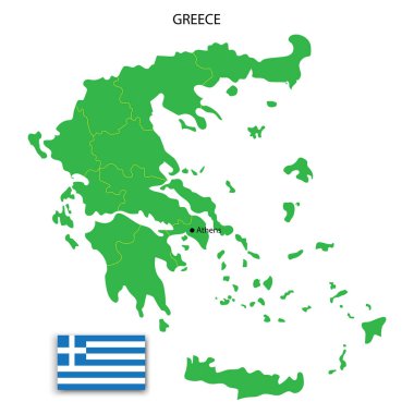 Beyaz arka planda Yunan haritası ve bayrağı. Seyahat konsepti. Vektör çizimi. Resim yükle.
